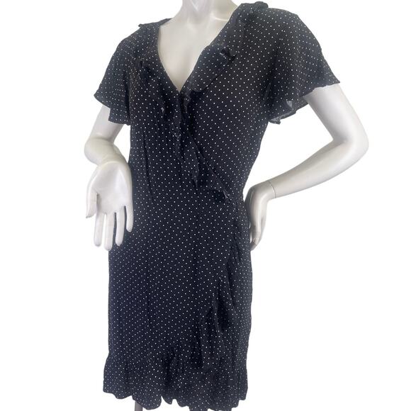Who What Wear Womens V Neck Black White Polka Dot Ruffle Wrap Dress SS Size S - Picture 1 of 12
